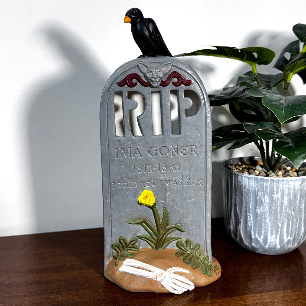 Halloween Ceramic RIP IMA GONER Hand Painted Black Crow Gravestone Decor 10"